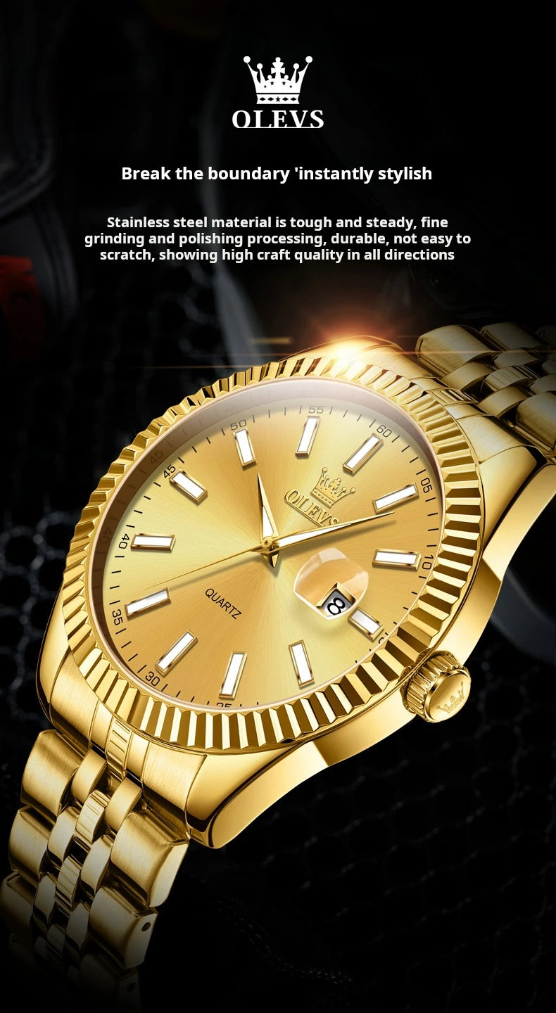 OLEVS Brand Luxury Gold Quartz Watch for Men Stainless Steel Waterproof Luminous Calendar Fashion Mens Watches Relogio Masculino