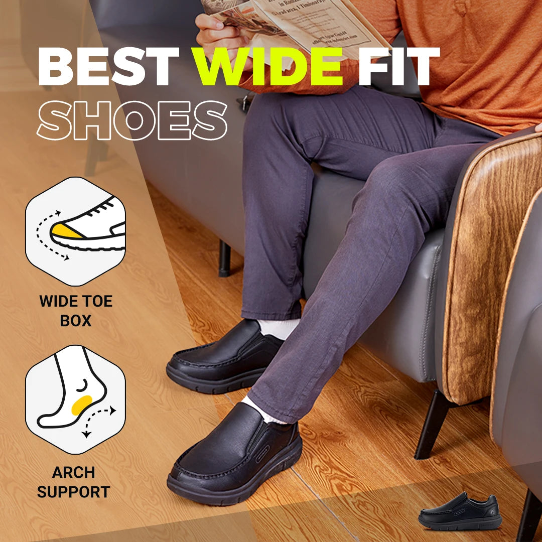 FitVille Men Wide Fit Leather Slip On Casual Loafers, Lightweight Arch Support Walking Shoes, Orthopedic Pain Relief Shoes for Swollen Feet & High Instep