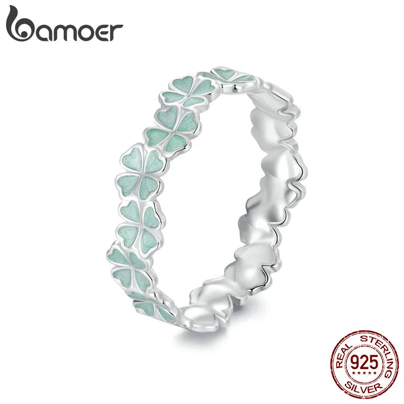 Bamoer 925 Sterling Silver Four-Leaf Clover Ring Mint Green Leaves Vine Ring Fine Jewelry Gift for Women Party