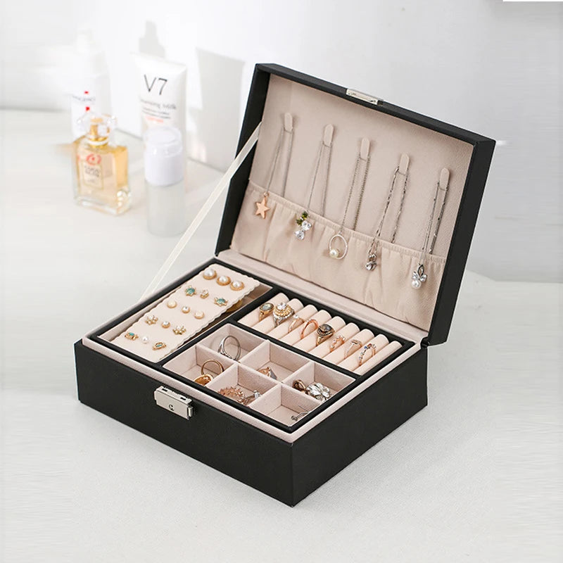 1 pcs PU leather jewelry box, double-layer wooden jewelry box, princess jewelry storage box, makeup box