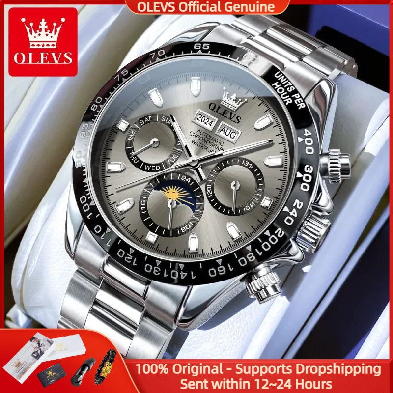 OLEVS 6654 Luxury Men's Automatic Mechanical Watch Original Stainless Steel Waterproof Moon Phase Chronograph Brand Men Watch