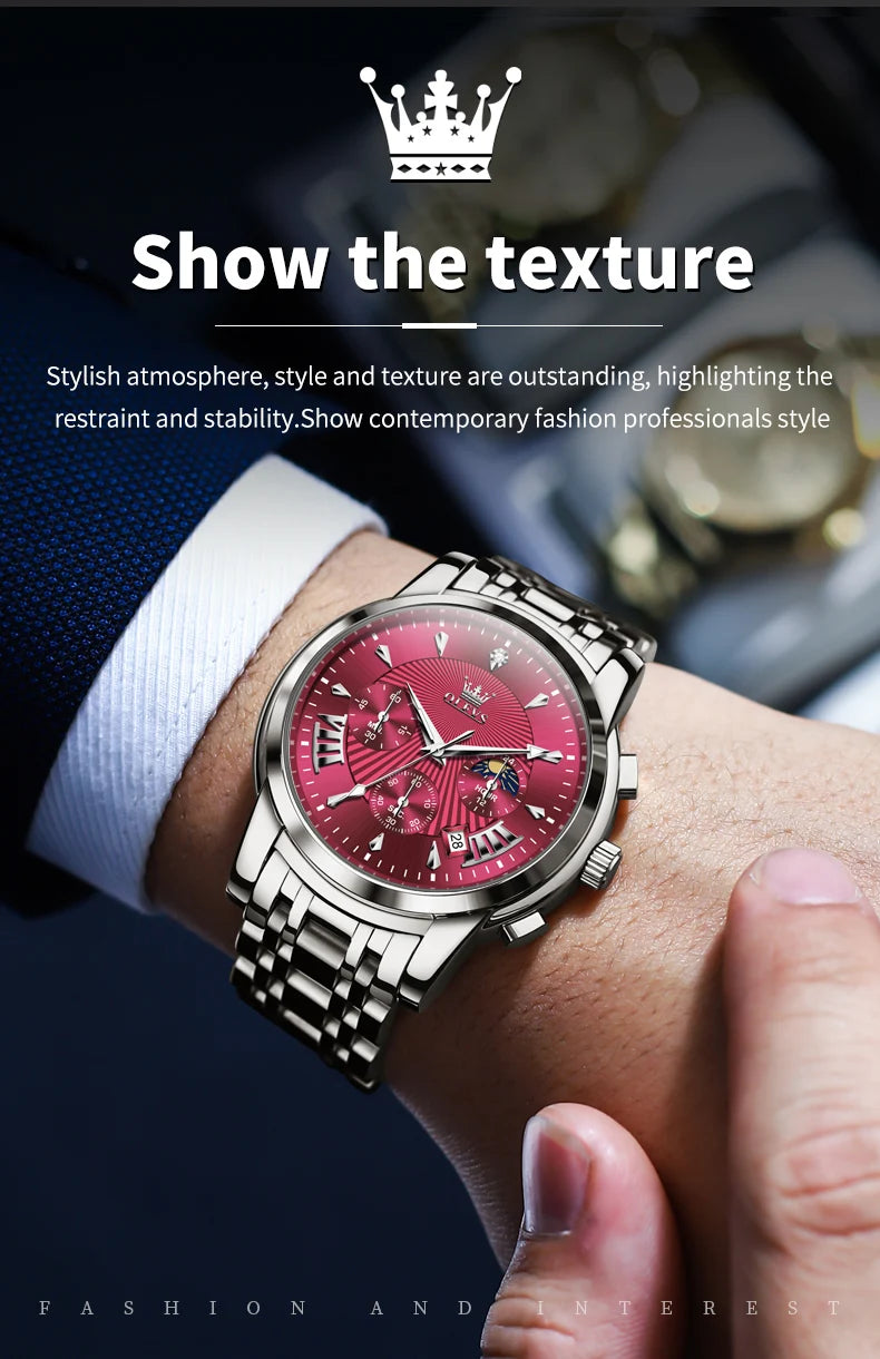 OLEVS 2892 Mens Watch Original Business Quartz Watch Moon Phase Multifunctional Chronograph Watches For Men With Box Reloj New