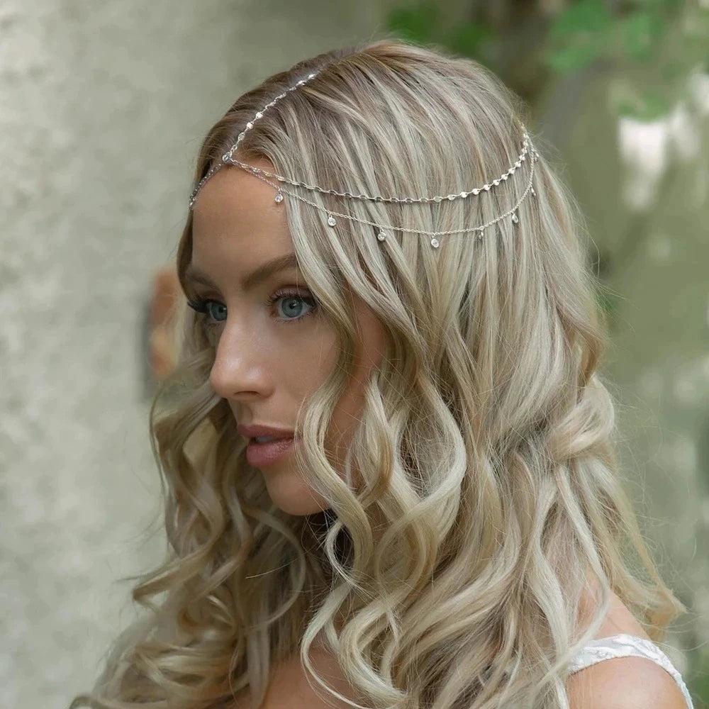 Fashion Boho Crystal Head Chain Wedding Hair Accessories Elegant Headpiece Bling Bridal Forehead Chain for Women Girls