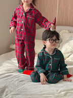 Merry Christmas Kids Pure Cotton Pajamas Set Plaid Print Turn-down Collar Button Shirt Trousers 2 Pieces Suit Homewear Xmas Look