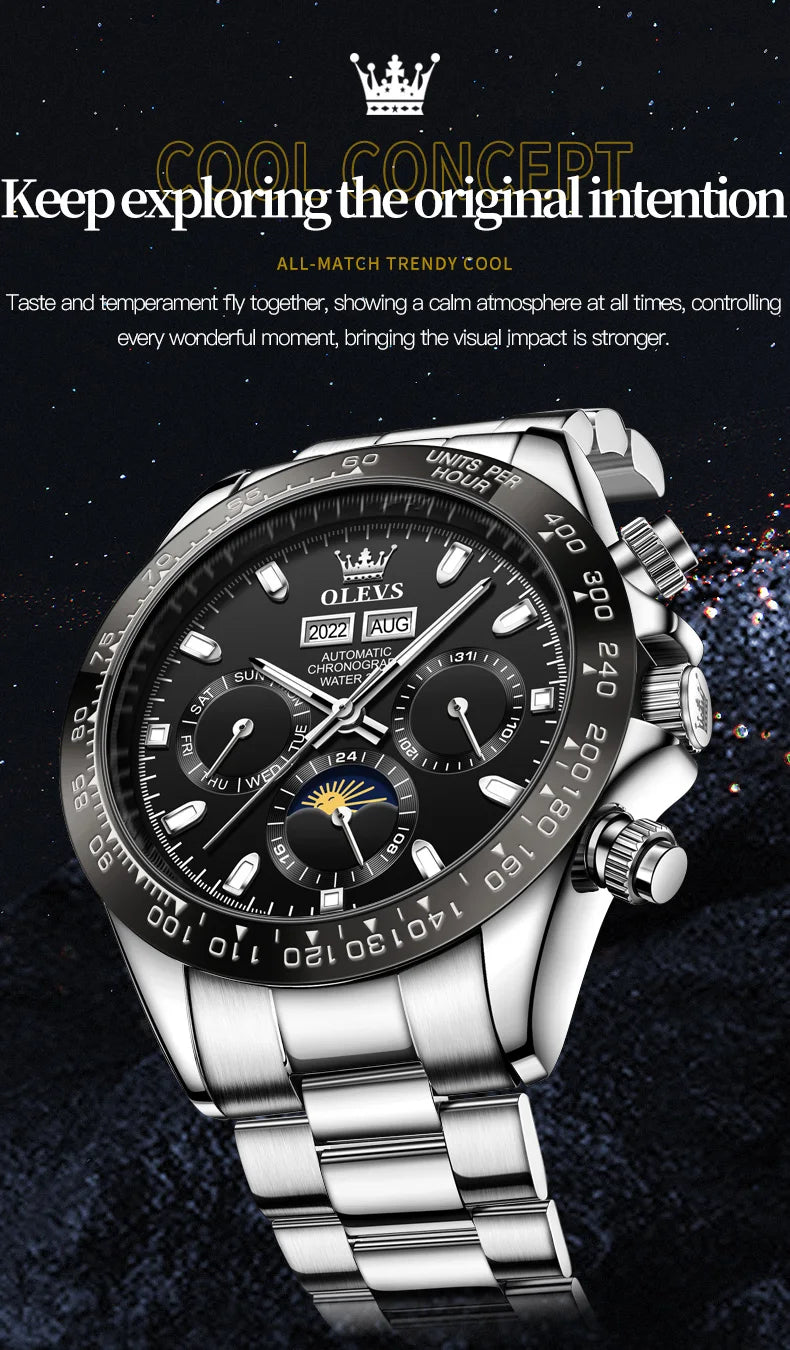 OLEVS 6654 Mens Watch Fashion Chronograph Automatic Mechanical Wristwatch Waterproof Luminous Function Top Brand Watch for Man
