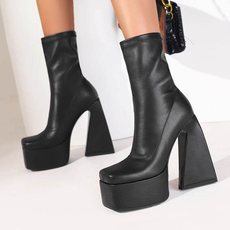 Stretch Punk Style Gothic Chunky Platform Ankle Boots For Women Autumn Winter Shoes Ladies Strange High Heels Boots Booties