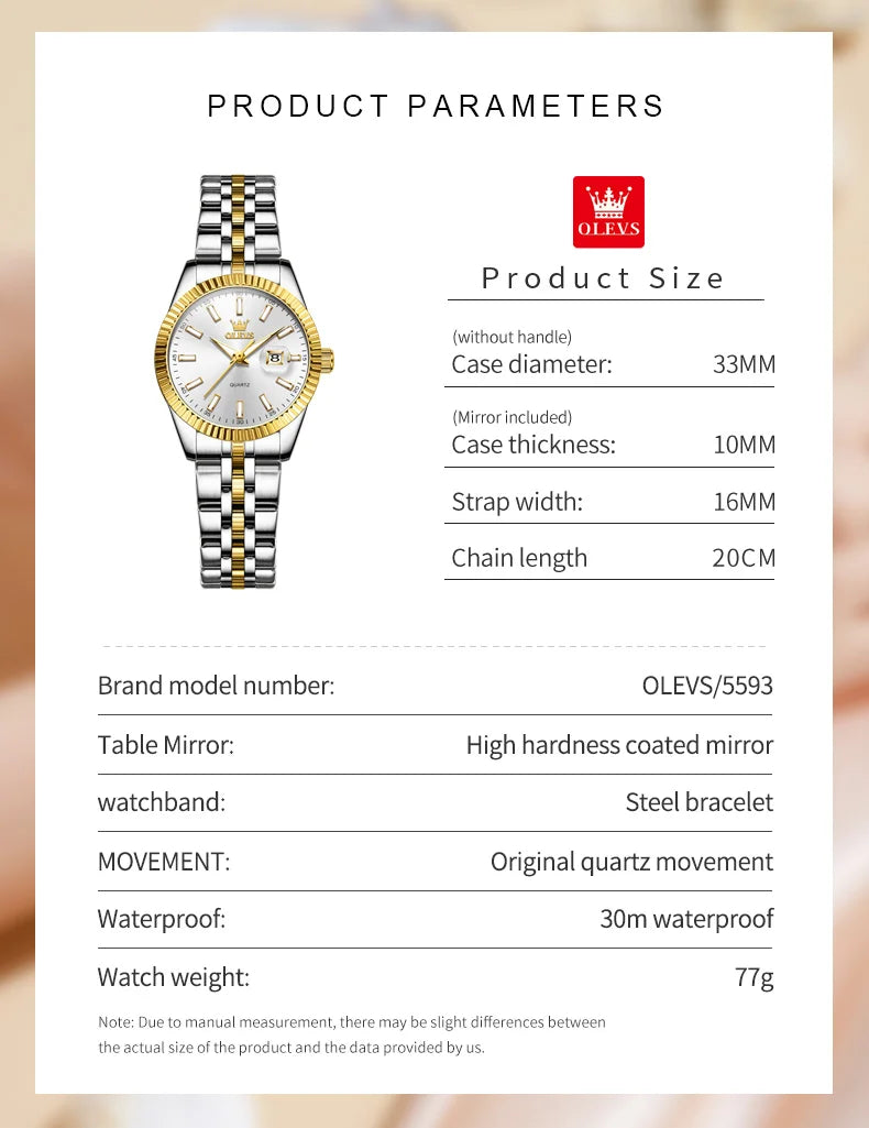 OLEVS 5593 Women's Watch Luxury Brand Women's Quartz Watch Stainless Steel Waterproof Night Light Elegant Business Women Watch