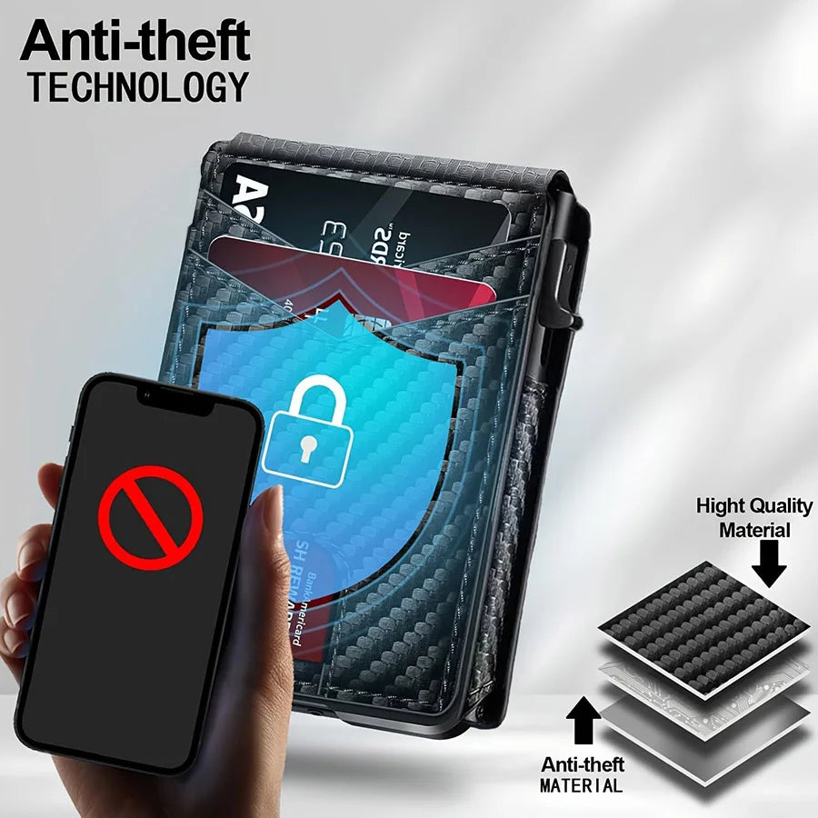 Men Carbon Fiber RFID Pop‑Up Credit Card Holder Magnetic Closure Slim Wallet With ID Window External Card Pocket