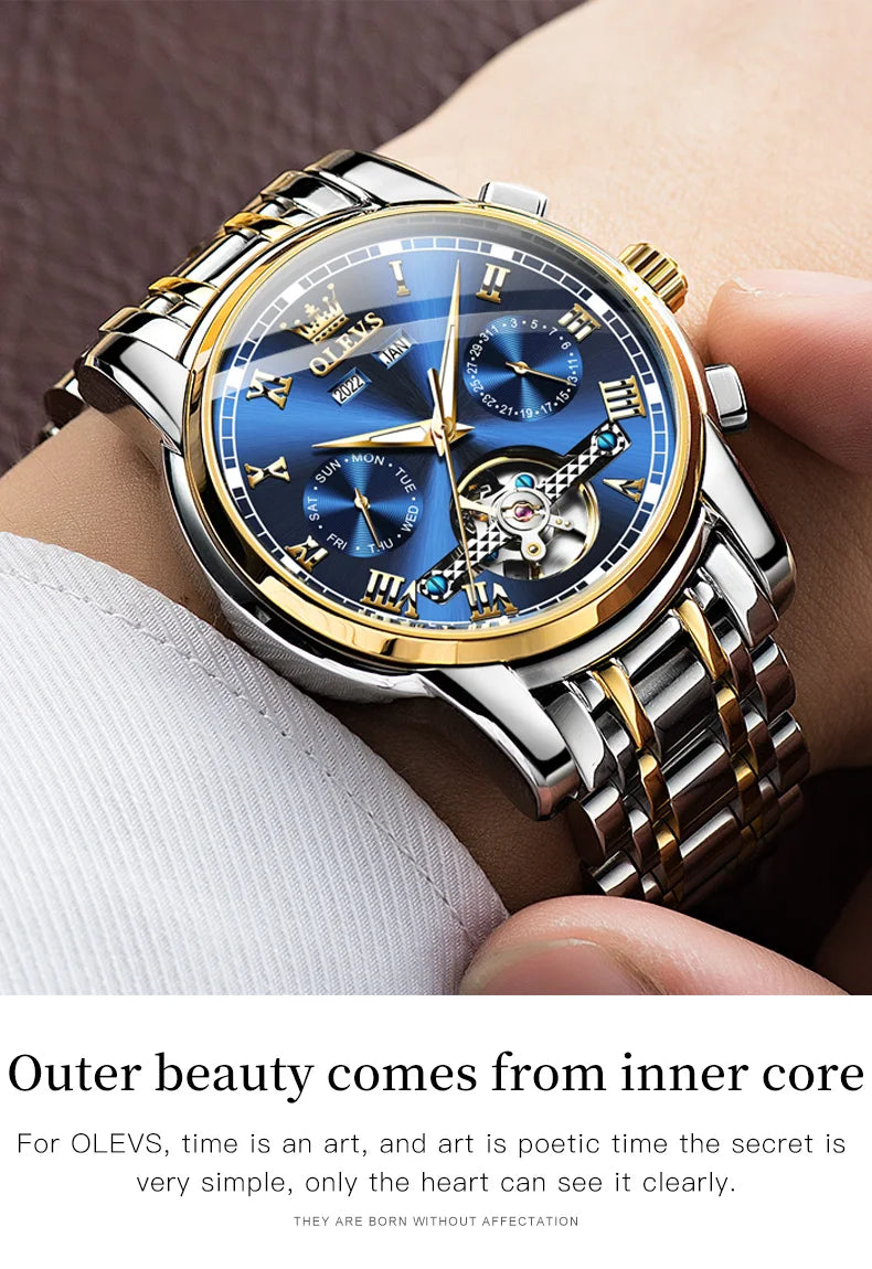 OLEVS 6607+6602 Original Men Women Watch Luxury Brand Tourbillon Mechanical Watch High end Romantic Lover Date Gift Couple Watch