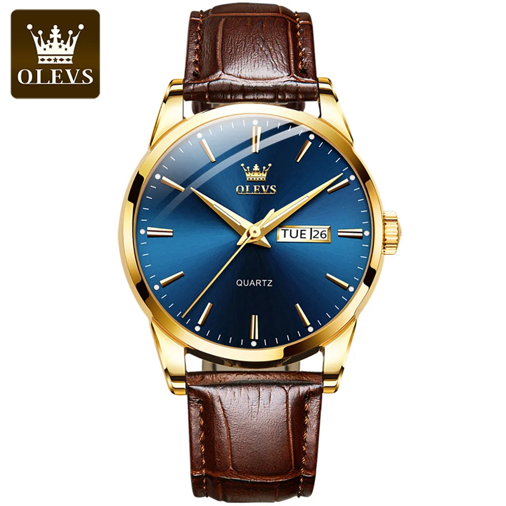 OLEVS 6898 Luxury Waterproof Quartz Watch for Men Sports Shock-resistant Calendar Genuine Leather Luminous Mens Wristwatches
