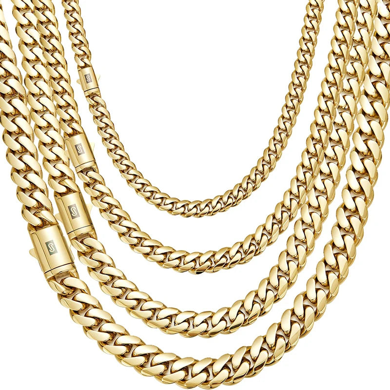 6-14mm Gold Color Stainless Steel Cuban Miami Link Chains Necklaces for Men Hip Hop Rapper Jewelry
