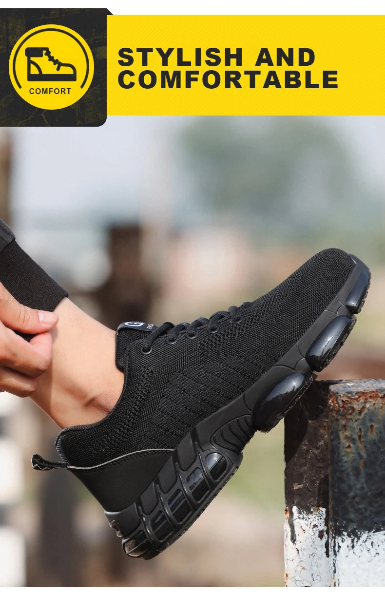 Safety Shoes Men Steel Toe Boots Anti-smash Anti-puncture Safety Work Shoes Men Lightweight Breathable Protective Shoes Black