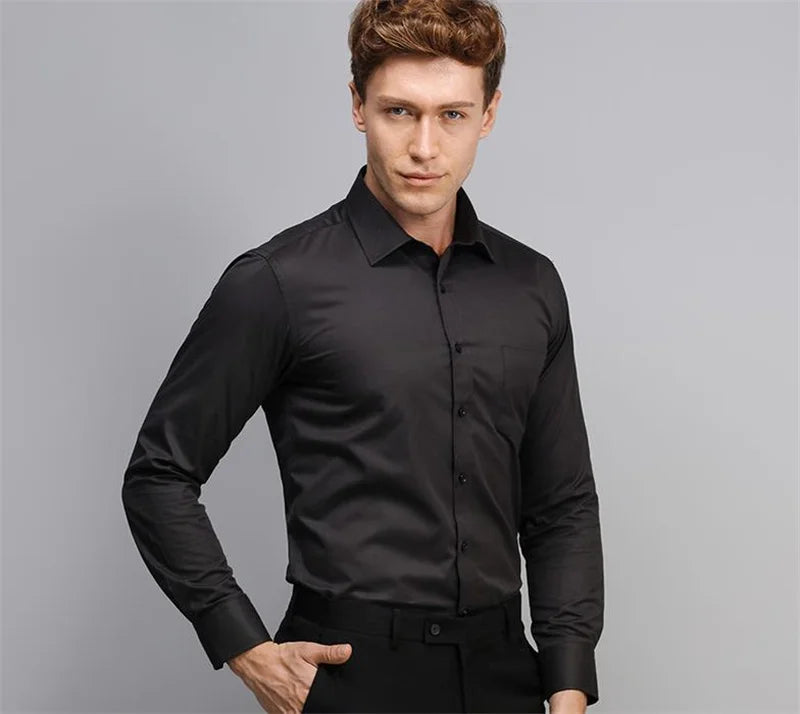 New Men Formal Shirt Long Sleeve Office Solid Color Anti-Wrinkle Fashion Business Pocket White Blue Social Pocket Shirts 6XL 7XL