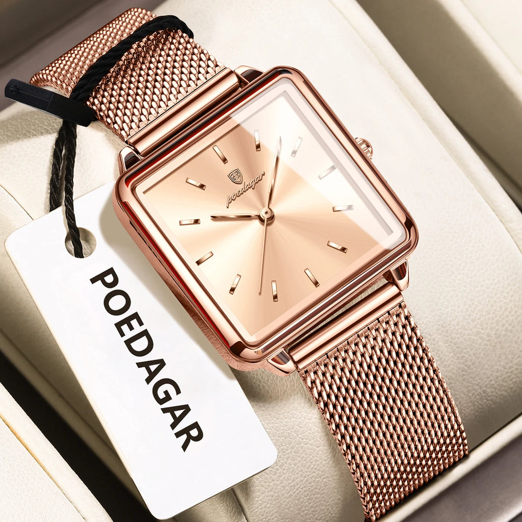 POEDAGAR Square Fashion Ladies Watch Waterproof Stainless Steel Mesh Watch For Woman Elegant Women's Quartz Watches Female Reloj