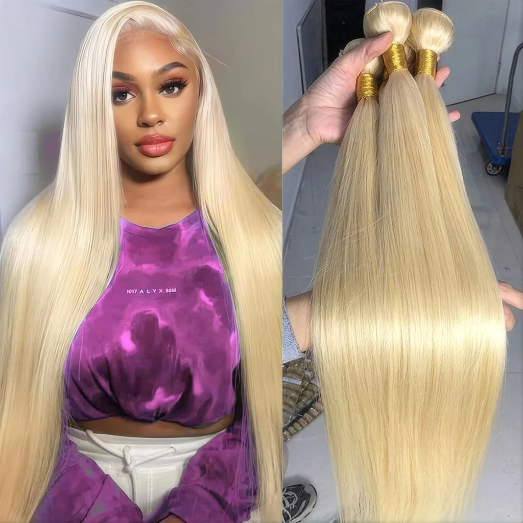 613 Straight Human Hair Bundles Remy Brazilian Blonde 1/3/4 Bundles Deal Bone Straight Human Hair Unprocessed Extension Bundles Brazilian 613 Straight Human Hair for Black Women