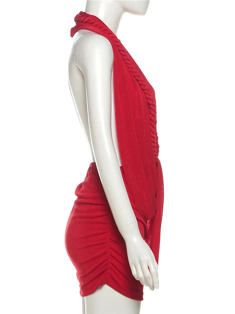 Nibber Backless Dress Woman Twist Bandage Halter Swing Collar Cleavage Sleeveless Midnight Club Party Sexy Fashion Mini Bodycon