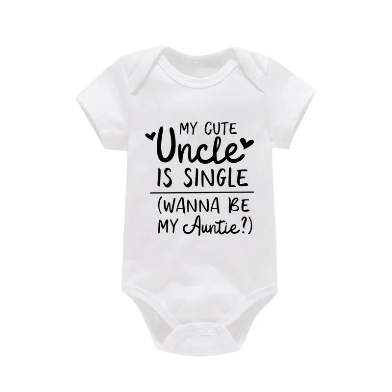 My Uncle Is Single Wanna Be My Auntie Print Baby Bodysuit Short Sleeve White Cotton Romper Clothes Summer Jumpsuit