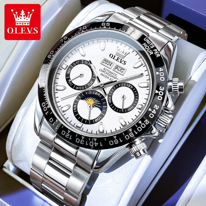 OLEVS 6654 Luxury Men's Automatic Mechanical Watch Original Stainless Steel Waterproof Moon Phase Chronograph Brand Men Watch