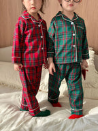 Merry Christmas Kids Pure Cotton Pajamas Set Plaid Print Turn-down Collar Button Shirt Trousers 2 Pieces Suit Homewear Xmas Look