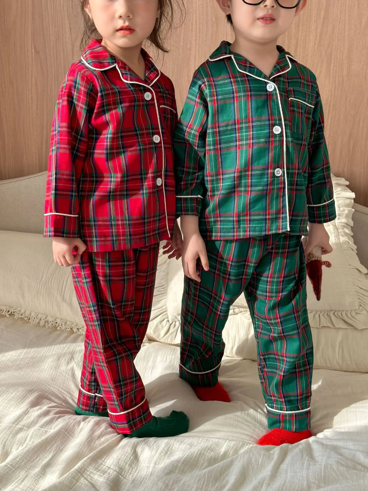 Merry Christmas Kids Pure Cotton Pajamas Set Plaid Print Turn-down Collar Button Shirt Trousers 2 Pieces Suit Homewear Xmas Look