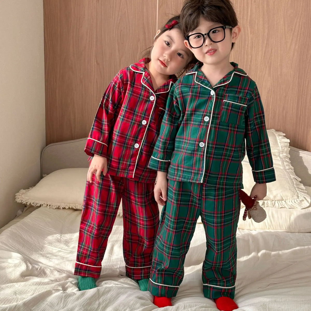 Merry Christmas Kids Pure Cotton Pajamas Set Plaid Print Turn-down Collar Button Shirt Trousers 2 Pieces Suit Homewear Xmas Look