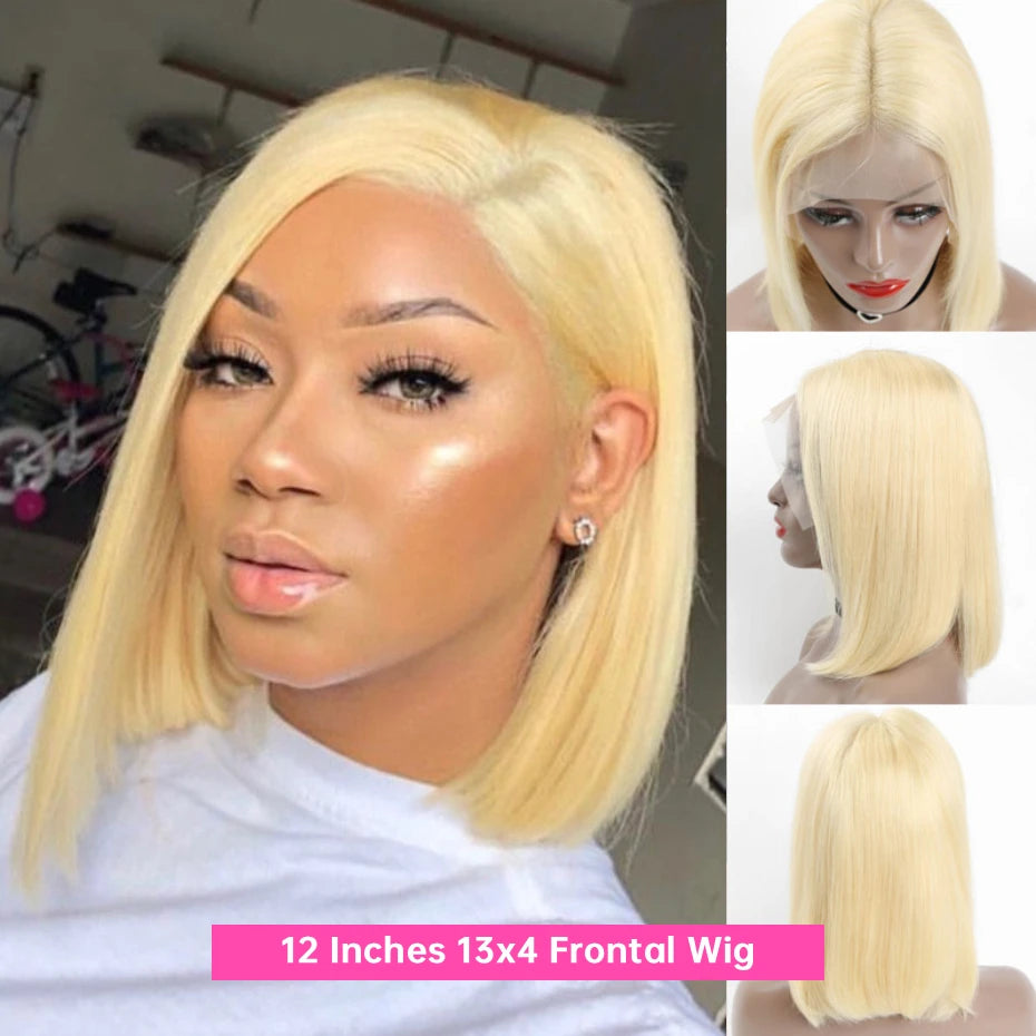 13x4 13x6 Bob Wigs 613 Honey Blonde Lace Frontal Wig Brazilian Blunt Cut Straight Transparent Lace Front Wig Platinum Blond Colored Human Hair Wig Pre Plucked Thick Short Bob Lace Front Human Hair Wig 180 210 Density Free Shi