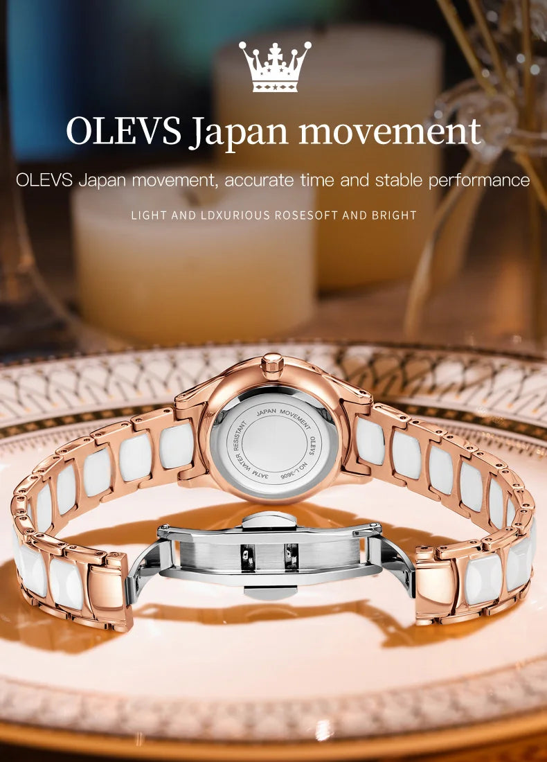 OLEVS Quartz Watch Women Japan Movement Waterproof Stainless Steel Ceramics Women Wristwatch Luxury Ladies watch Set Hot