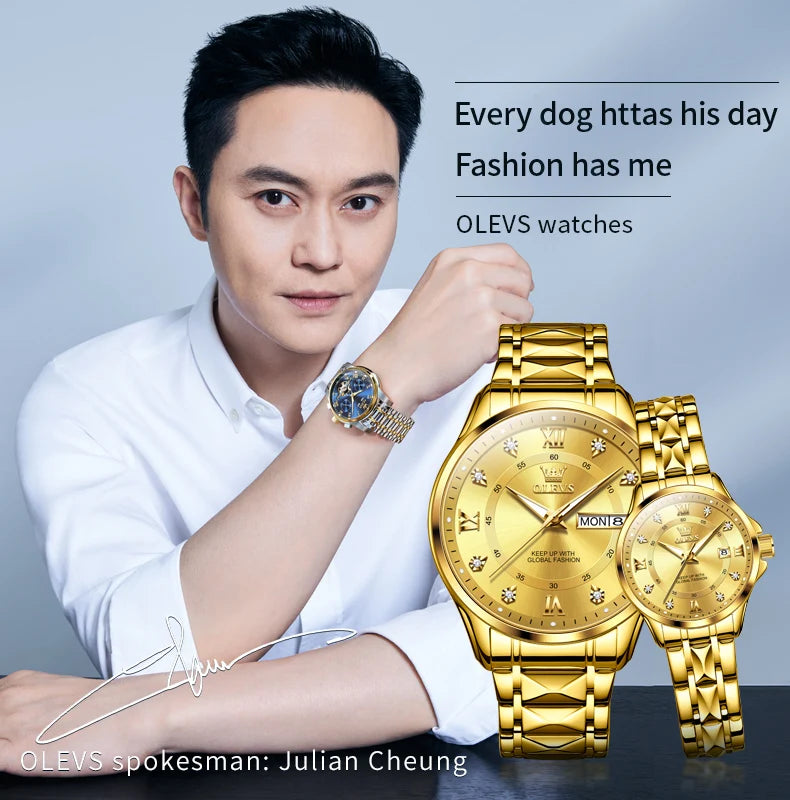 OLEVS 2906 Couple Watch Pair Luxury Diamond Shaped Steel Strap Calendar Week Quartz Wristwatch Men Women Luxury Lovers Watches