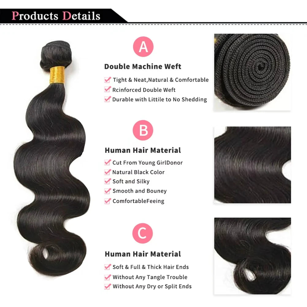 Body Wave Bundles Human Hair Brazilian Hair Weave Bundles Natural Black Human Hair Extensions 3 PCS Bundles