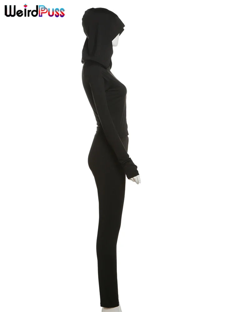 Weird Puss Sporty Casual 2 Piece Set Women Tracksuit Hooded Zip Crop Tops+Leggings Fitness Soft Stretch Streetwear Activity Suit