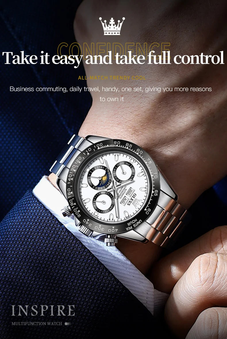 OLEVS 6654 Luxury Men's Automatic Mechanical Watch Original Stainless Steel Waterproof Moon Phase Chronograph Brand Men Watch
