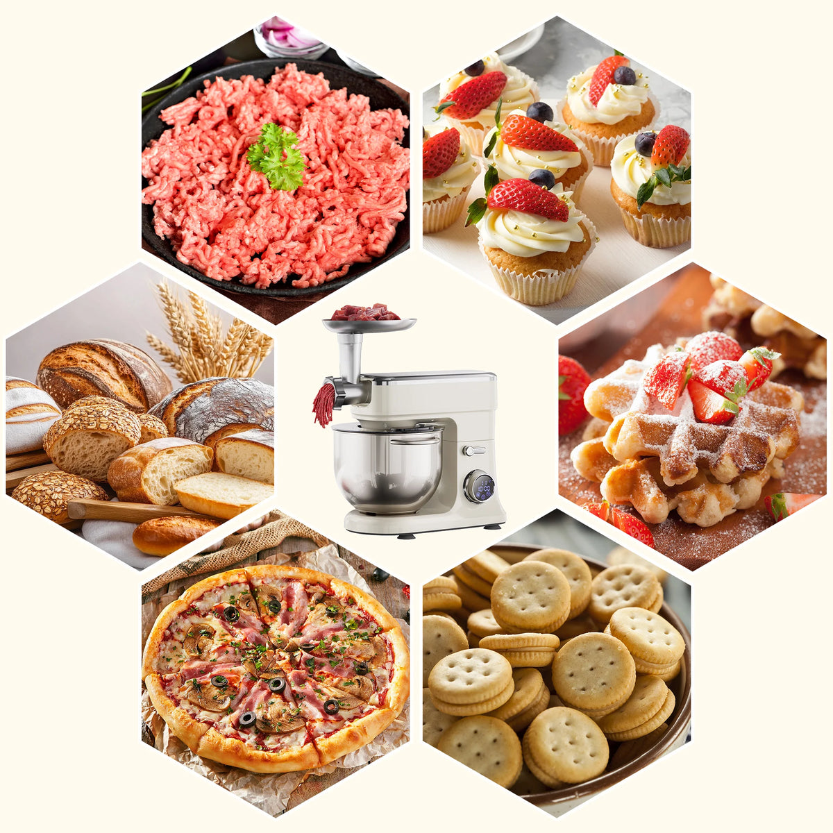 BioloMix 7L Food Mixers for Baking, 1200W DC Motor Stand Mixer, with Dough Hook, Whisk & Beater, Meat Grinder Attachment