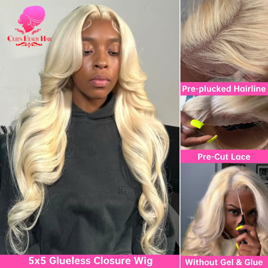 613 Glueless Wigs Human Hair 5x5 Lace Closure Wig Bone Straight Blonde Pre Plucked Glueless Wig Remy Human Hair Wigs Ready To Go