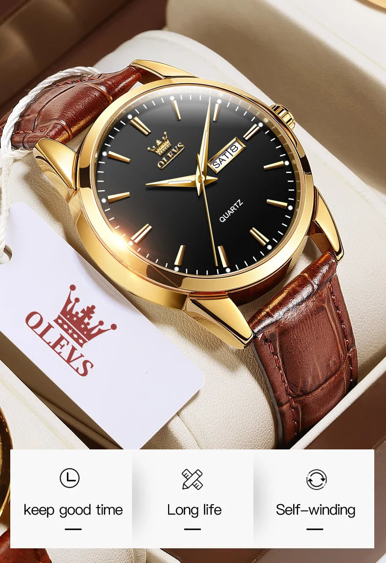 OLEVS 6898 Luxury Waterproof Quartz Watch for Men Sports Shock-resistant Calendar Genuine Leather Luminous Mens Wristwatches