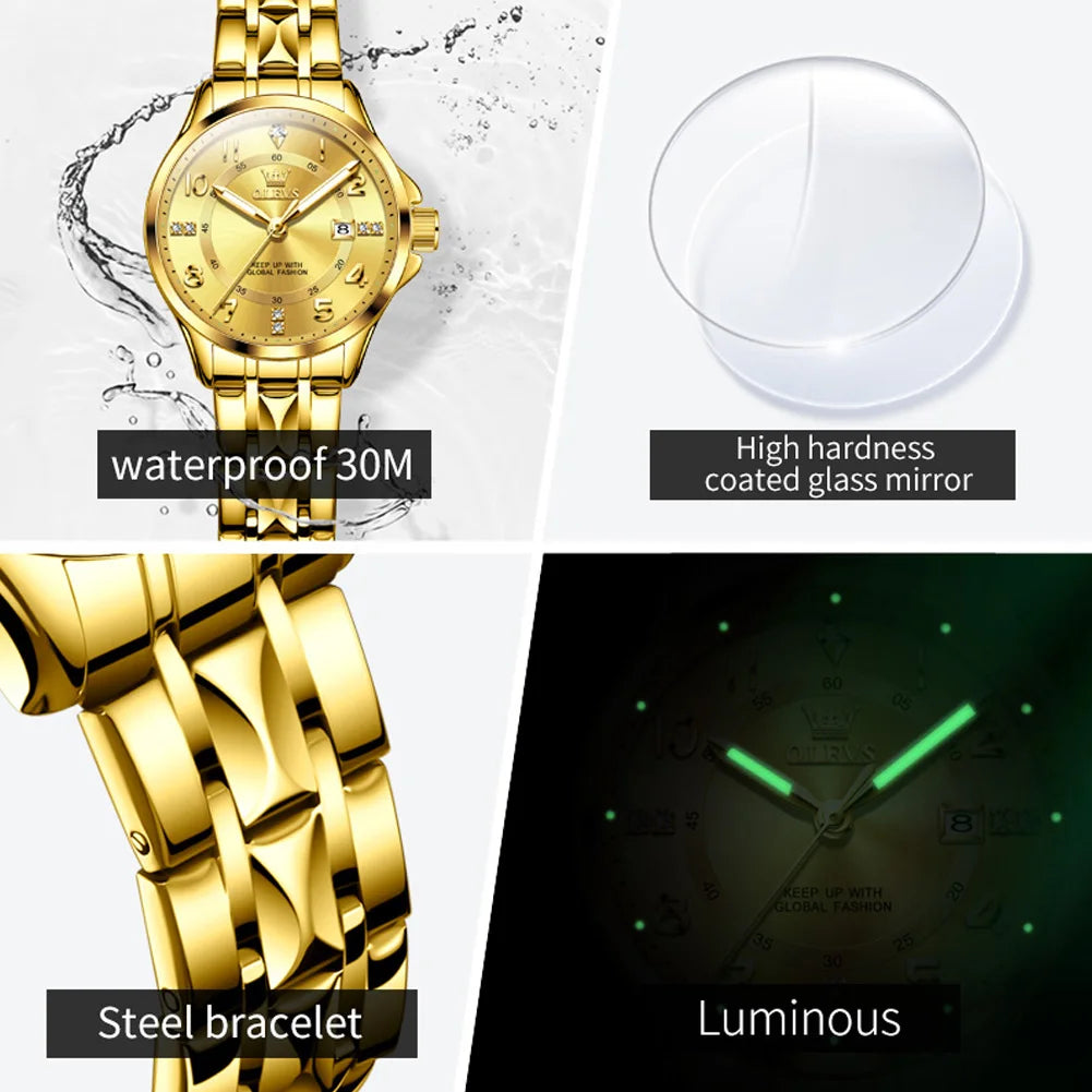 OLEVS 2910 Gold Luxury Brand Women's Watches Waterproof Luminous Wristwatch Date Original Certified Brand Quartz Watch for Lady