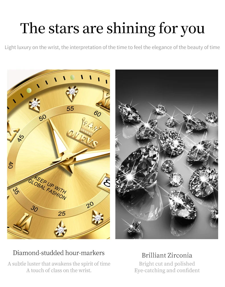OLEVS 2906 Couple Watch Pair Luxury Diamond Shaped Steel Strap Calendar Week Quartz Wristwatch Men Women Luxury Lovers Watches