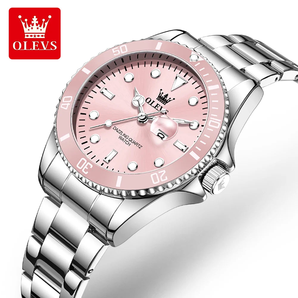 OLEVS Luxury Stainless Steel Waterproof Quartz Watch for Women Fashion Calendar Luminous Womens Wristwatch Sport Clock reloj