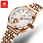 OLEVS Brand 2024 New Fashion Hollow Mechanical Watch for Women Luxury Stainless Steel Strap Waterproof Luminous Womens Watches