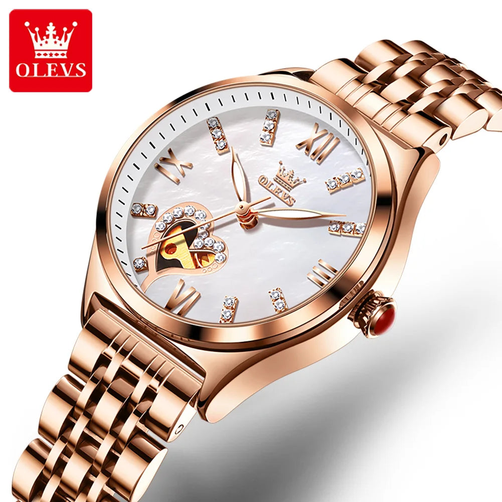 OLEVS Brand 2024 New Fashion Hollow Mechanical Watch for Women Luxury Stainless Steel Strap Waterproof Luminous Womens Watches