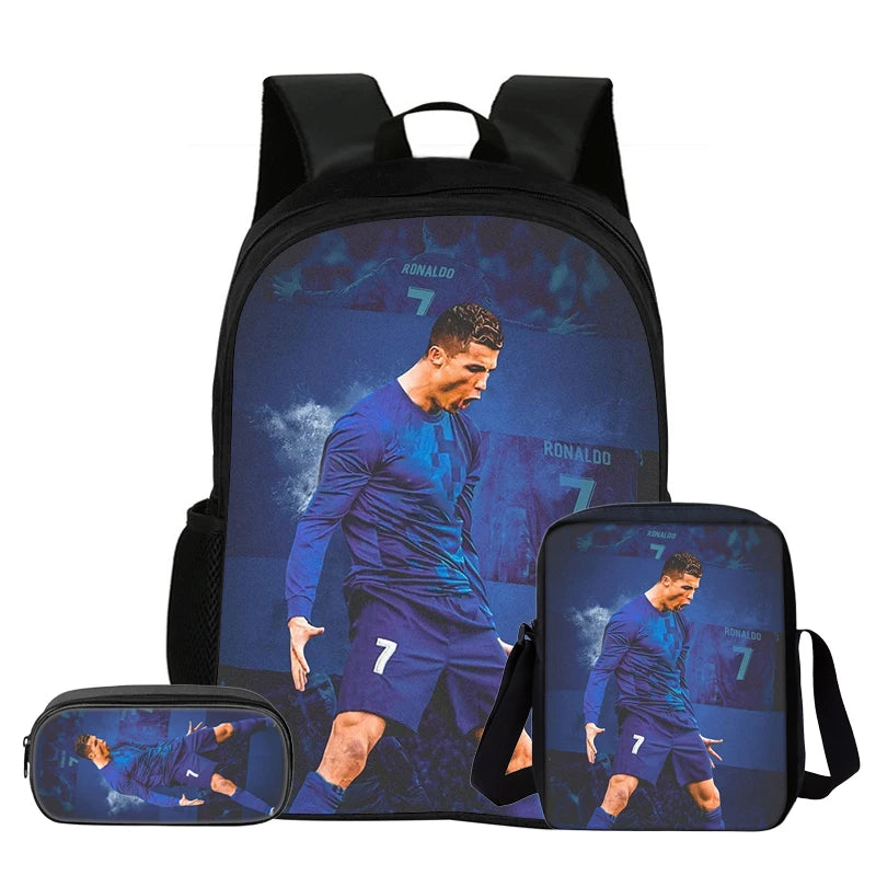 Kids 3Pcs Set Backpack Football Star Student School Shoulder Bag Pencil Bags Ronaldo Bookbag CR Rucksack Best Gift