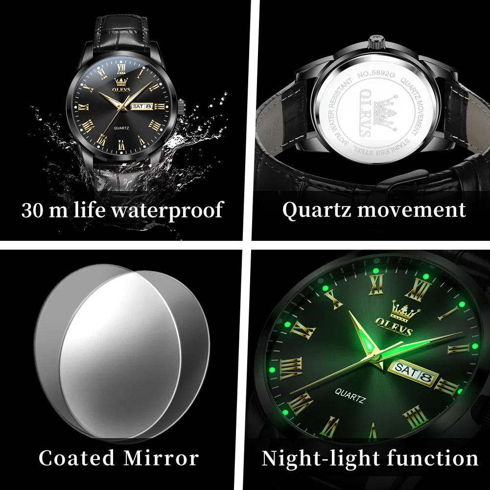 OLEVS 5892 Watches for Men Leather Strap Dual Calendar Roman Scale Simple Elegant Luxury Original Quartz Men's Watches