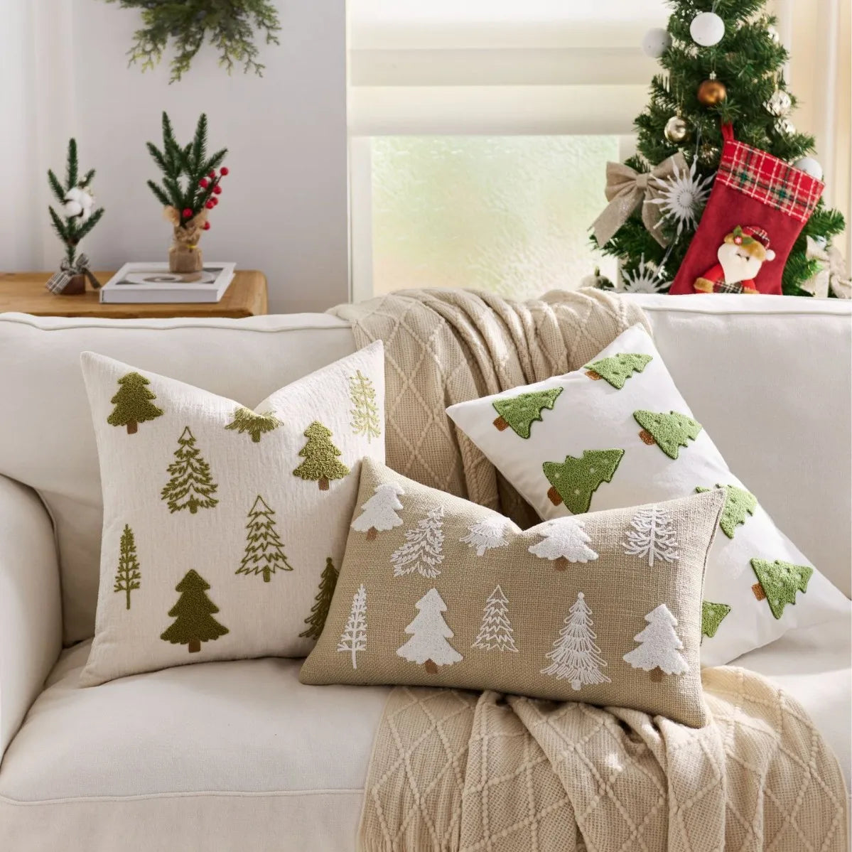 Embroidered Merry Christmas Holiday Red Throw Pillow Case Cover Decorative Sofa Cushion Covers for Home Xmas Party Decor