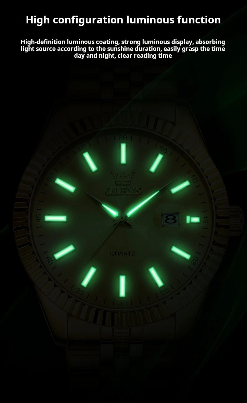 OLEVS Brand Luxury Gold Quartz Watch for Men Stainless Steel Waterproof Luminous Calendar Fashion Mens Watches Relogio Masculino