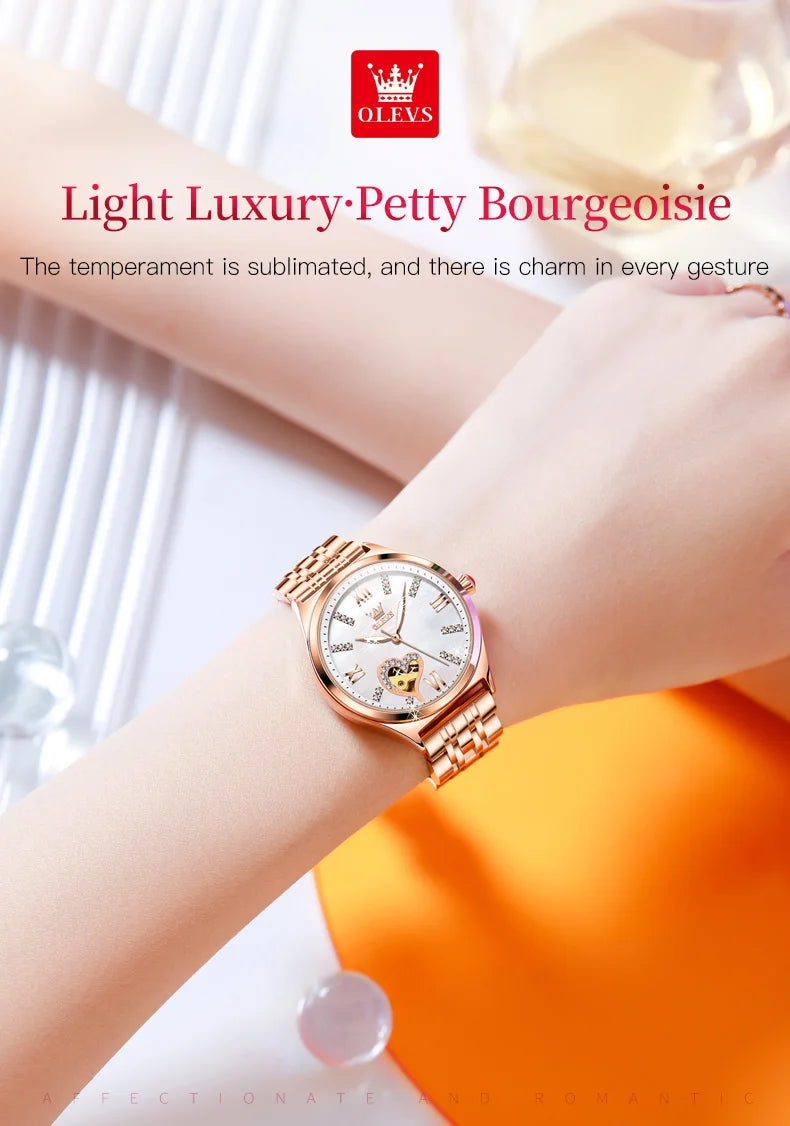 OLEVS Brand 2024 New Fashion Hollow Mechanical Watch for Women Luxury Stainless Steel Strap Waterproof Luminous Womens Watches