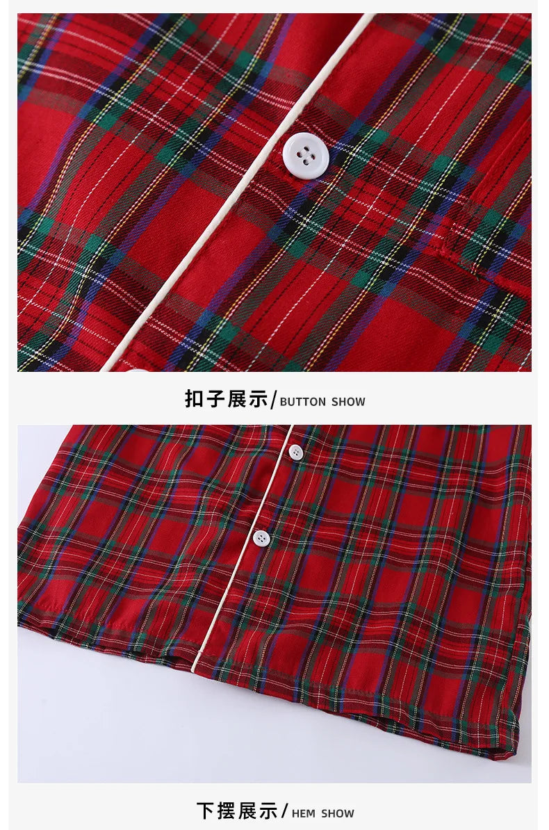 Merry Christmas Kids Pure Cotton Pajamas Set Plaid Print Turn-down Collar Button Shirt Trousers 2 Pieces Suit Homewear Xmas Look