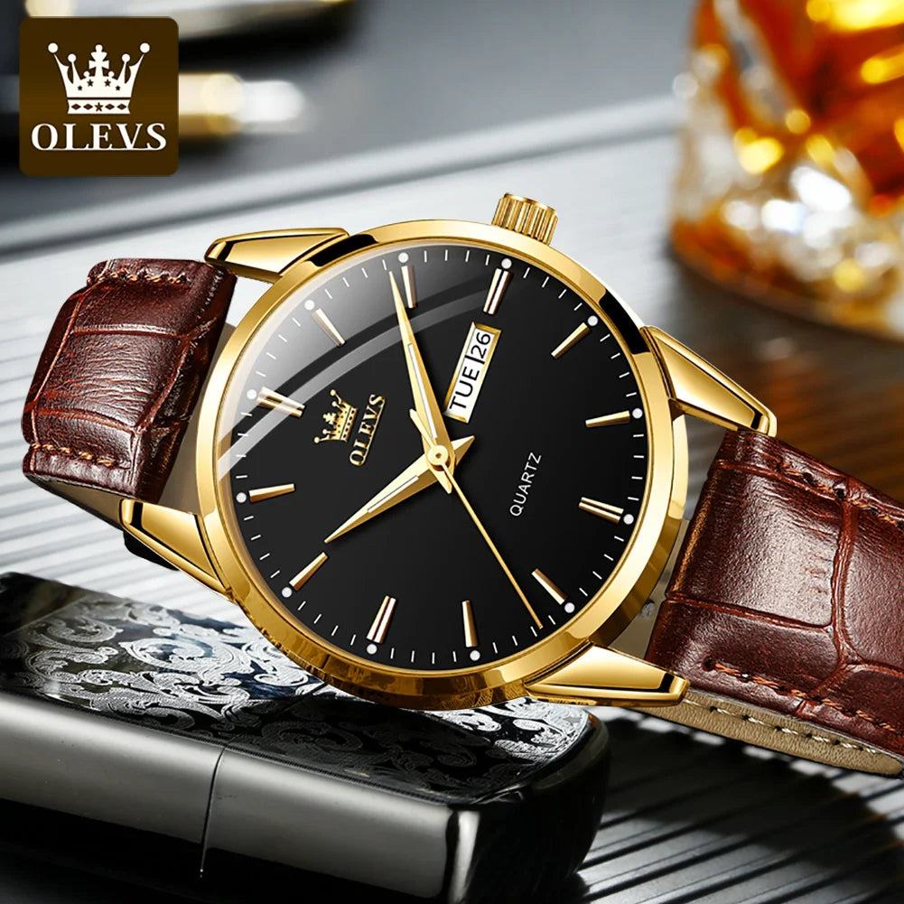 OLEVS 6898 Luxury Waterproof Quartz Watch for Men Sports Shock-resistant Calendar Genuine Leather Luminous Mens Wristwatches