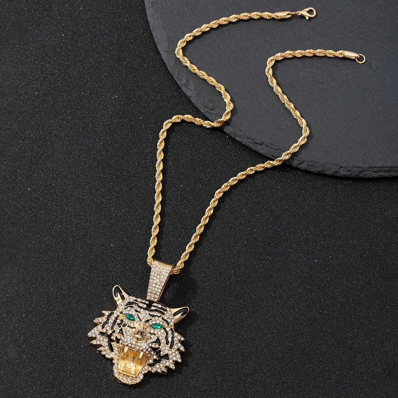 Hip Hop Big 3D Tiger Pendant Necklace Crystal Cuban Chain HipHop Iced Out Bling Necklaces Men Women Fashion Charm Jewelry
