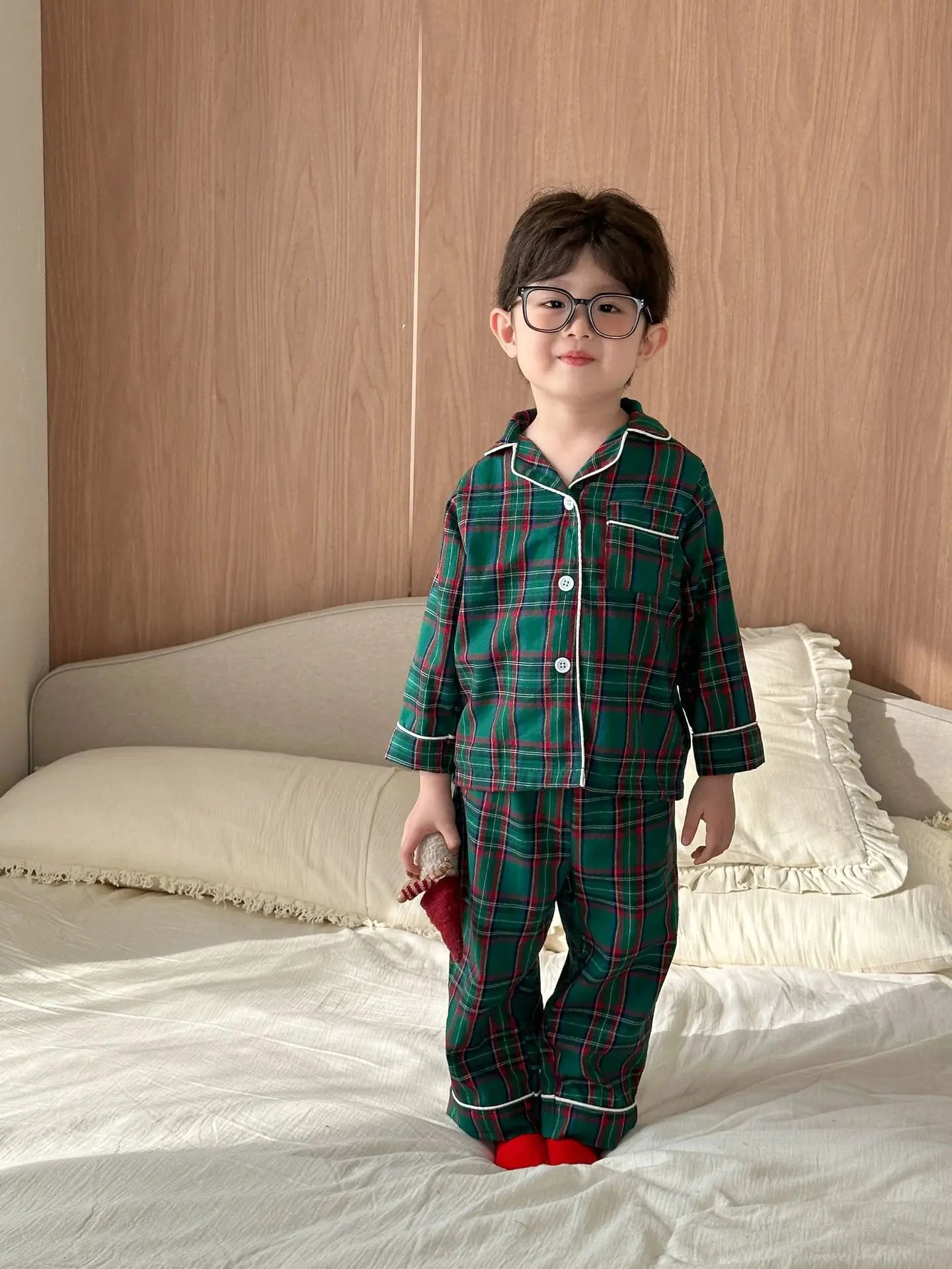 Merry Christmas Kids Pure Cotton Pajamas Set Plaid Print Turn-down Collar Button Shirt Trousers 2 Pieces Suit Homewear Xmas Look