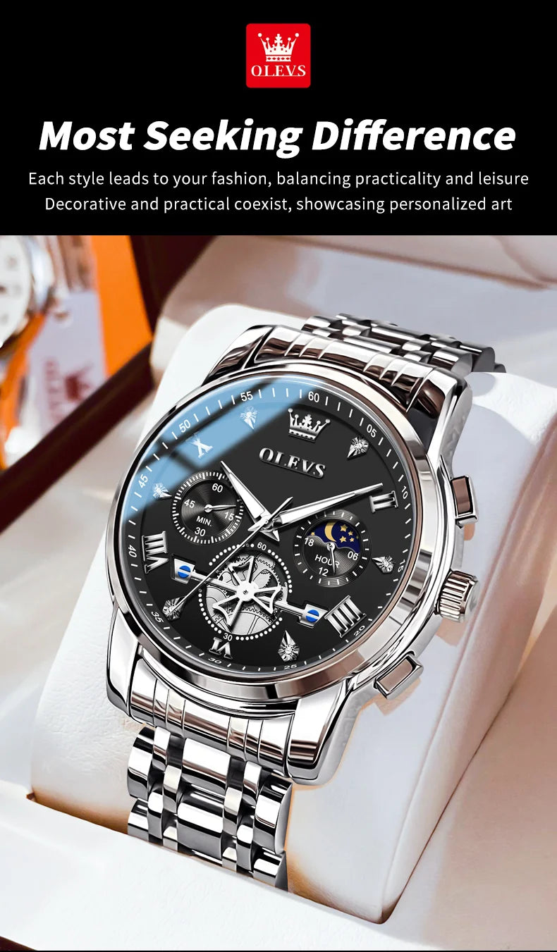 OLEVS Men's Watches Classic Multifunctional Flywheel Design Stainless steel Waterproof Moon Phase Men's Wristwatches 2024 Trend