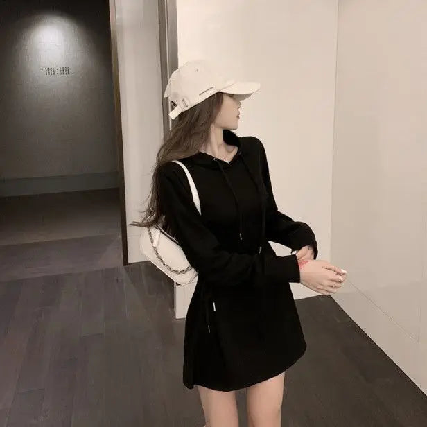 Streetwear Mini Dress Spring Autumn Korean High Waist Lace Up Slim Vestidos Women Harajuku Hooded Bandage A Line Dresses